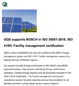 Read more about the article GQS Supports BOSCH in ISO 50001-2018, ISO 41001 Facility Management Certification